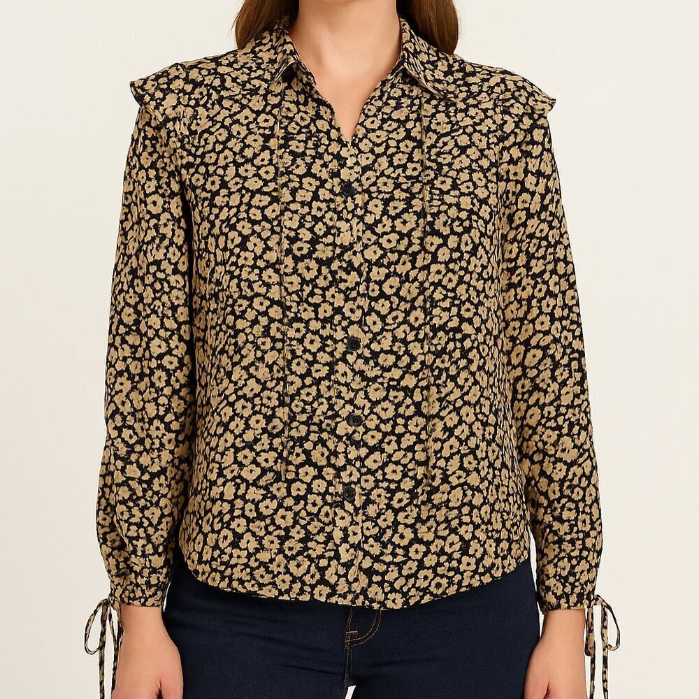 Inclán Studio Houston Sampson Top Large Cotton Ruffle Shoulder Blouse in Neutral